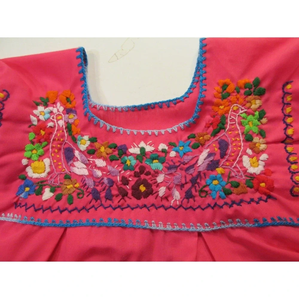 OAXACA Dress Girls 6/7 Pink Floral Embroidery Traditional Mexican Folk Puebla